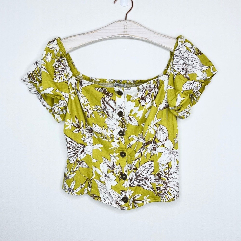 Blashe Button Front Tropical Floral Square Neck Top XL Puff Sleeve Linen Blouse